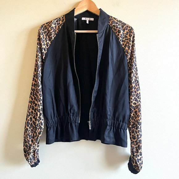 Three Dots Leopard Print Bomber Jacket - Black/Camel Full Zip Up Womens Size XS - Picture 2 of 7